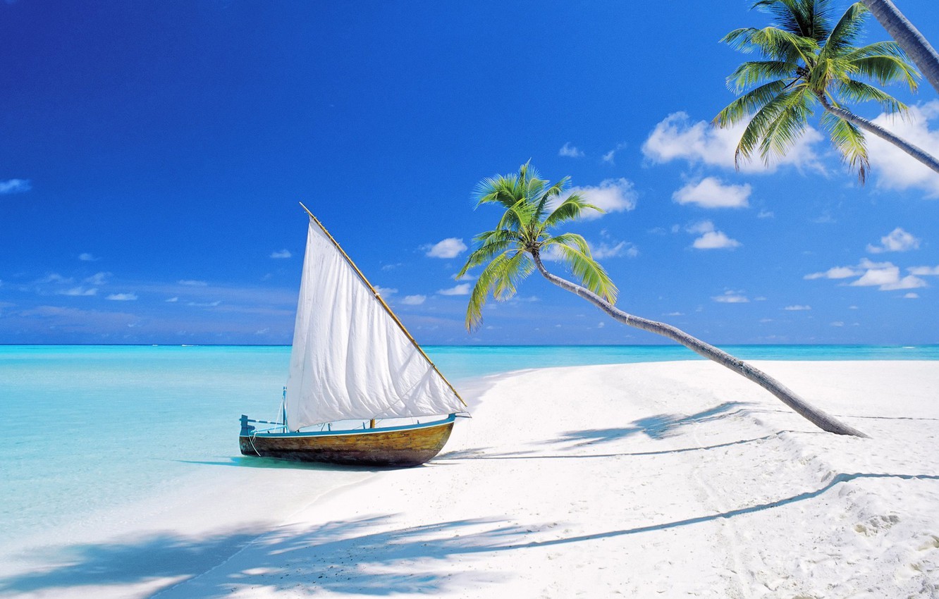 ostrov-palmy-lodka-parus-pliazh-okean-maldivy
